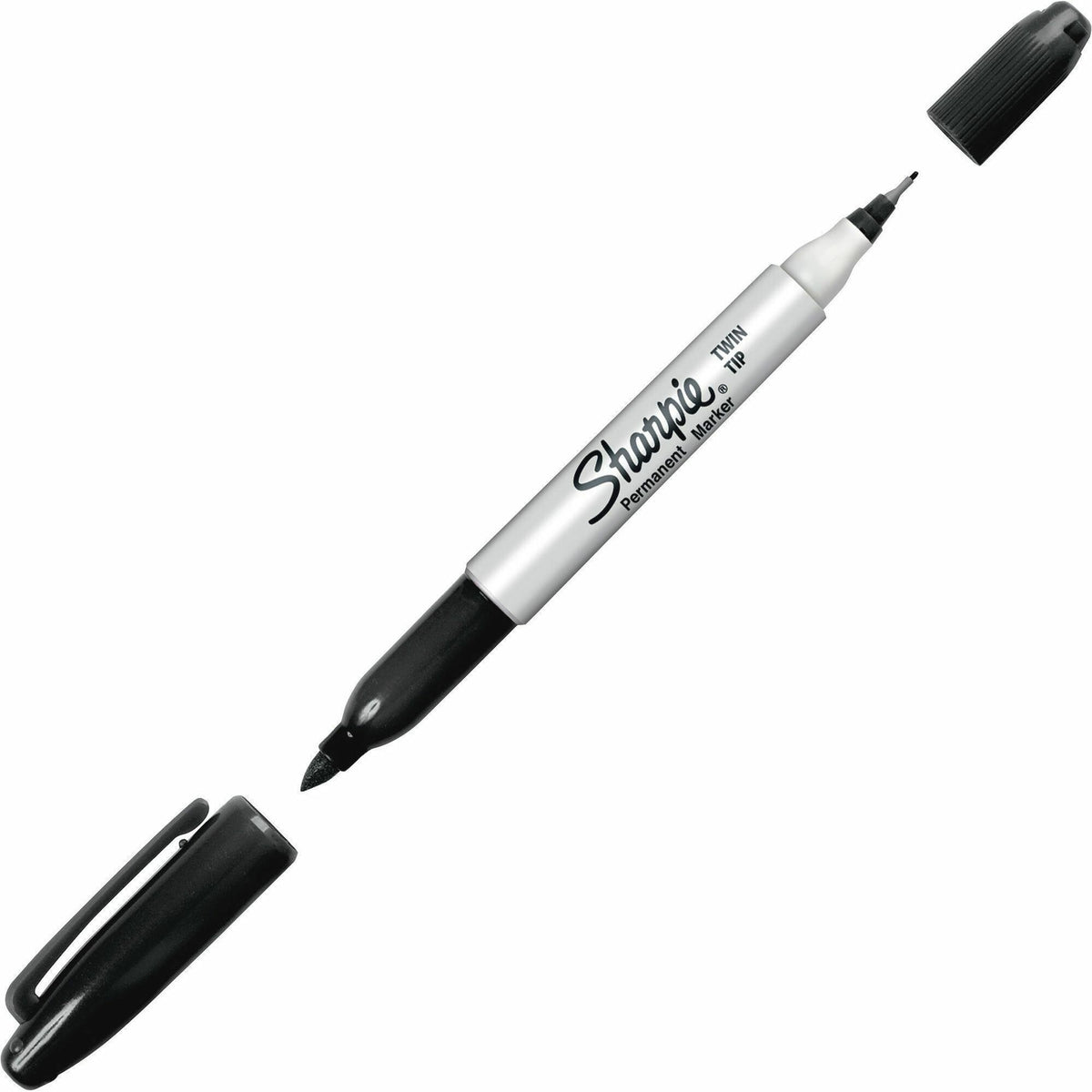 Sharpie Twin Tip Permanent Markers - Black Ink - 12 / Dozen