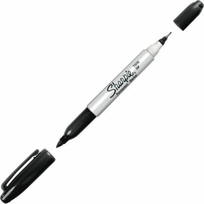 Sharpie Twin Tip Permanent Markers - Black Ink - 12 / Dozen