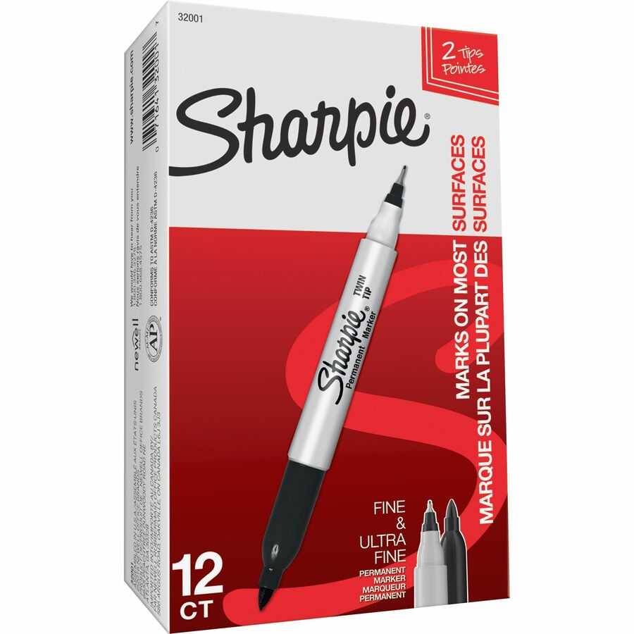 Sharpie Twin Tip Permanent Markers - Black Ink - 12 / Dozen