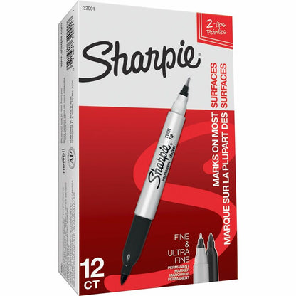 Sharpie Twin Tip Permanent Markers - Black Ink - 12 / Dozen