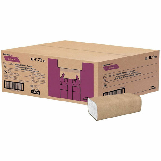 Cascades PRO Paper Hand Towels - 1 Ply - Multifold - 9.10" Width x 9.40" Length - White - Fiber - 16 / Carton