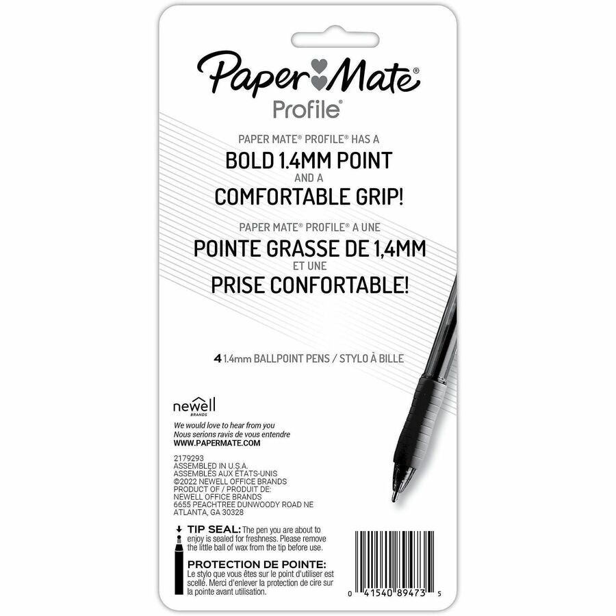 Paper Mate Profile Ballpoint Pen - 1.4 mm Super Bold Pen Point - Retractable - Assorted Ink - Black, Blue, Red, Purple B