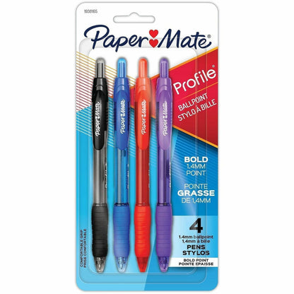 Paper Mate Profile Ballpoint Pen - 1.4 mm Super Bold Pen Point - Retractable - Assorted Ink - Black, Blue, Red, Purple B