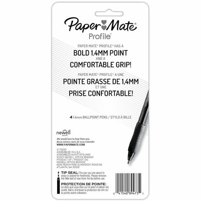 Paper Mate Profile Ballpoint Pen - 1.4 mm Super Bold Pen Point - Retractable - Assorted Ink - Black, Blue, Red, Purple B