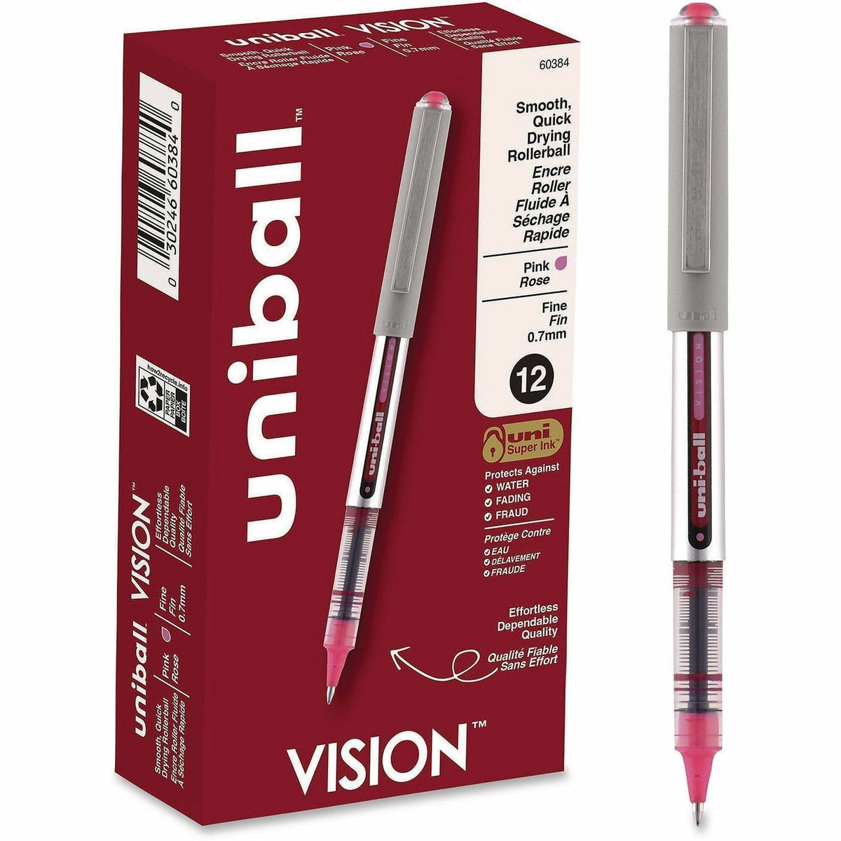 uni® Vision Rollerball Pen - 0.7 mm, Fine Pen Point - Passion Pink Ink - Liquid - Writing - 12 / Dozen