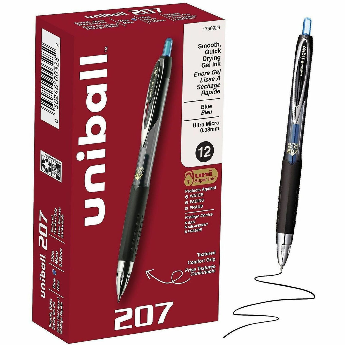 uniball™ 207 Gel Pens - 0.38 mm Pen Point - Retractable - Blue Ink - Pigment-based, Gel-based - Stainless Steel Tip - 12