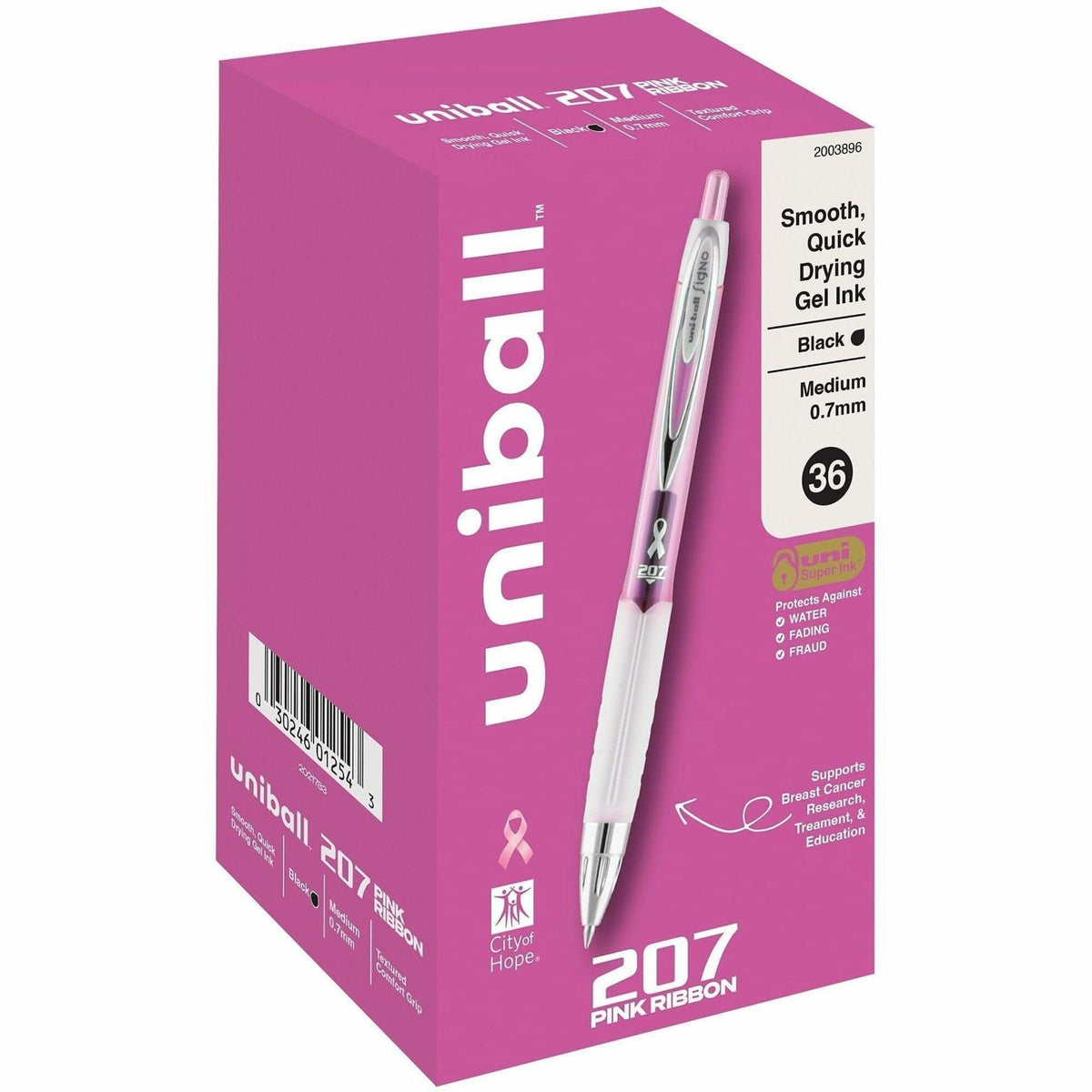 uniball™ 207 Gel Pens - 0.7 mm Medium Pen Point - Retractable - Black Ink - Pigment-based, Gel-based - Pink Barrel - 36 