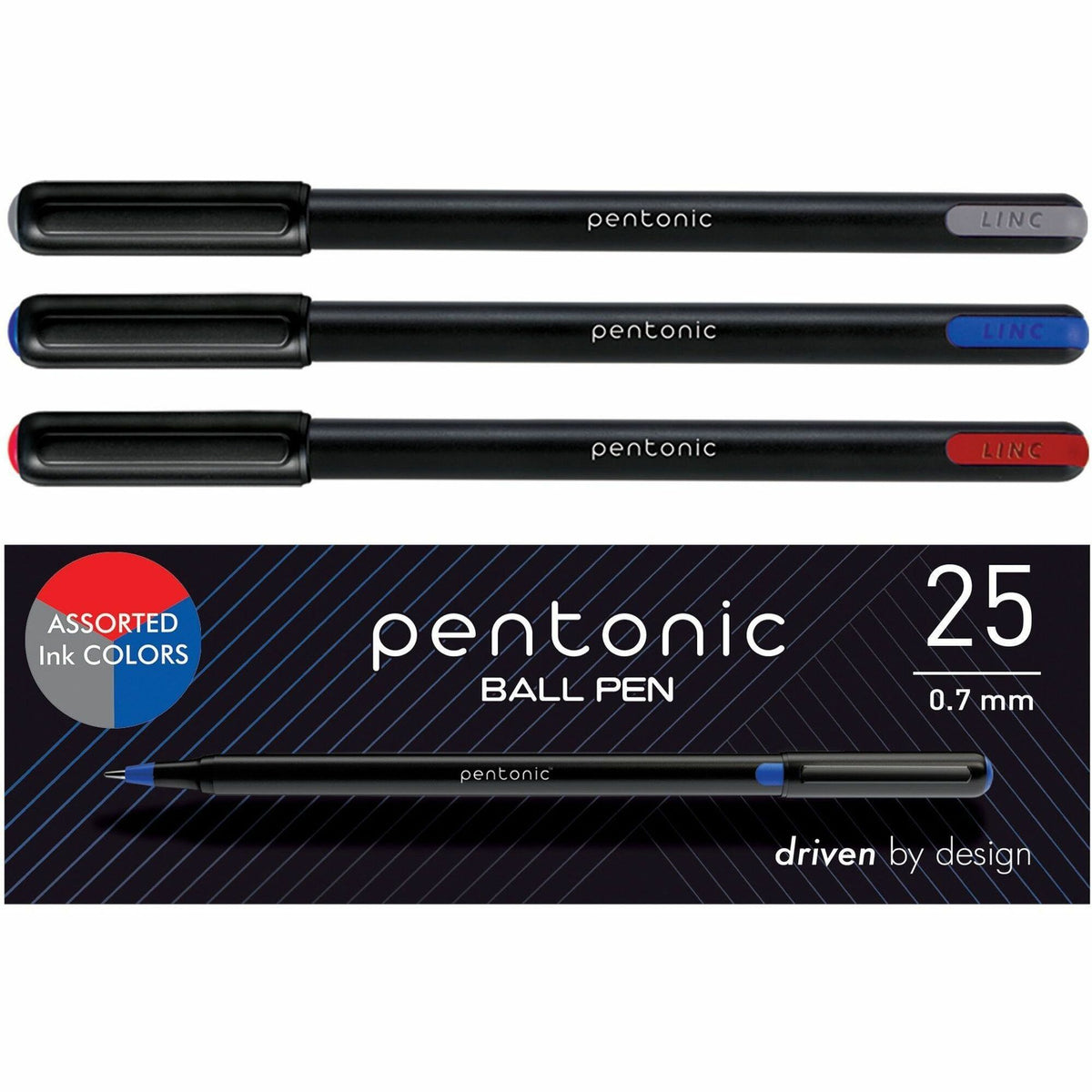 Pentonic Ballpoint Pen Set - 0.7 mm Pen Point - Assorted Ink - Nickel Silver Tip - 25 / Box
