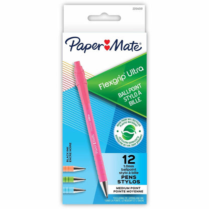 Paper Mate Flexgrip Ultra Recycled Pens - 1 mm Medium Pen Point - Retractable - Black Ink - Green Rubberized, Pink, Oran