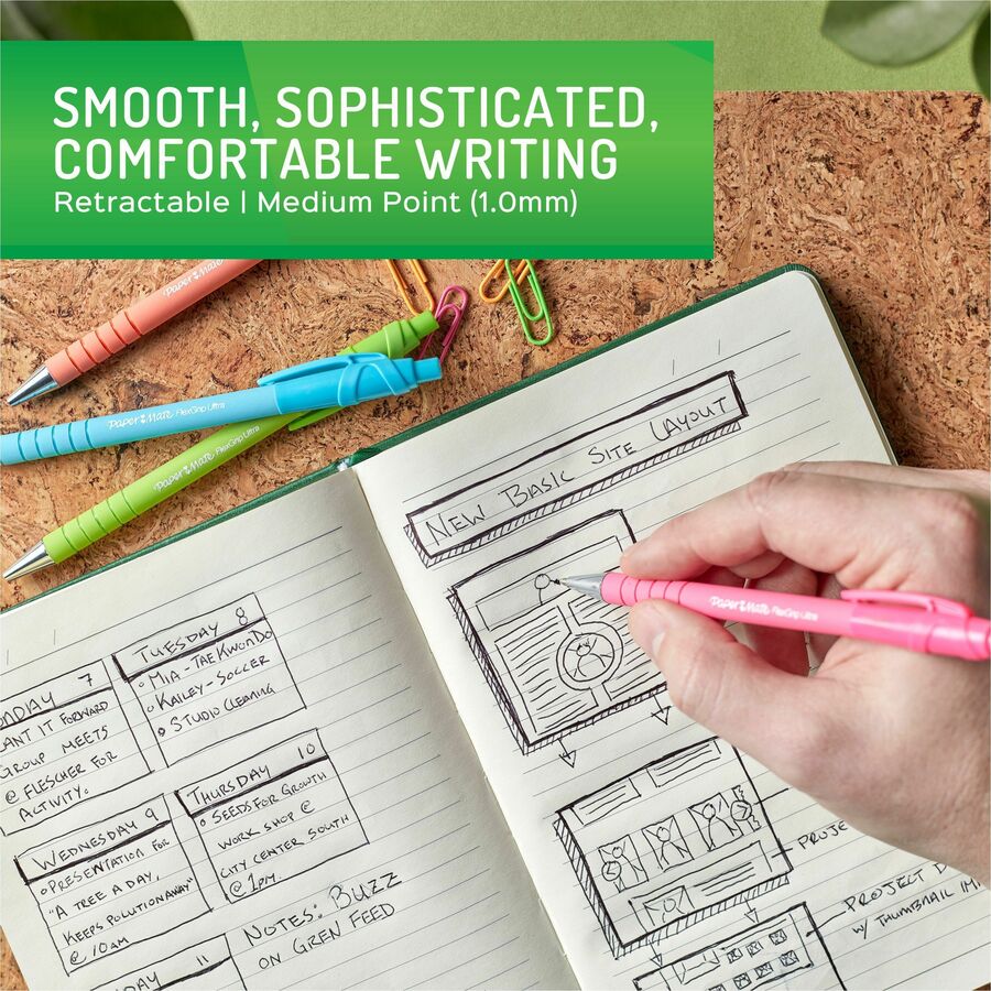 Paper Mate Flexgrip Ultra Recycled Pens - 1 mm Medium Pen Point - Retractable - Black Ink - Green Rubberized, Pink, Oran