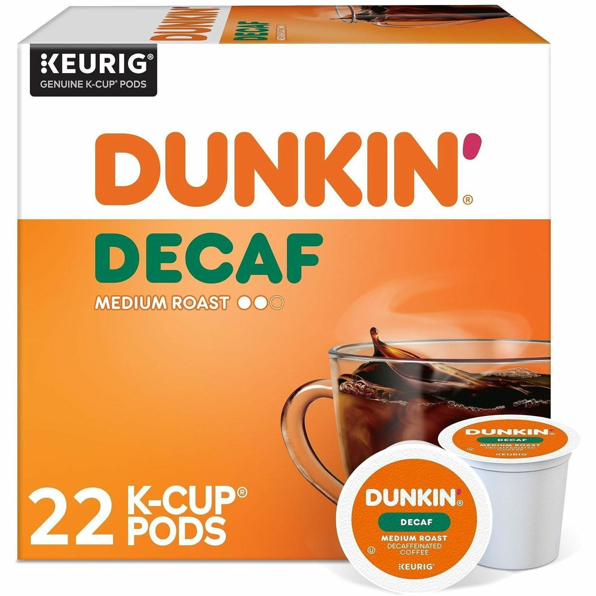 Dunkin'® K-Cup Decaf Coffee - Compatible with Keurig Brewer - Medium - K-Cup - Decaf - Kosher - Decaffeinated - 22 / Box