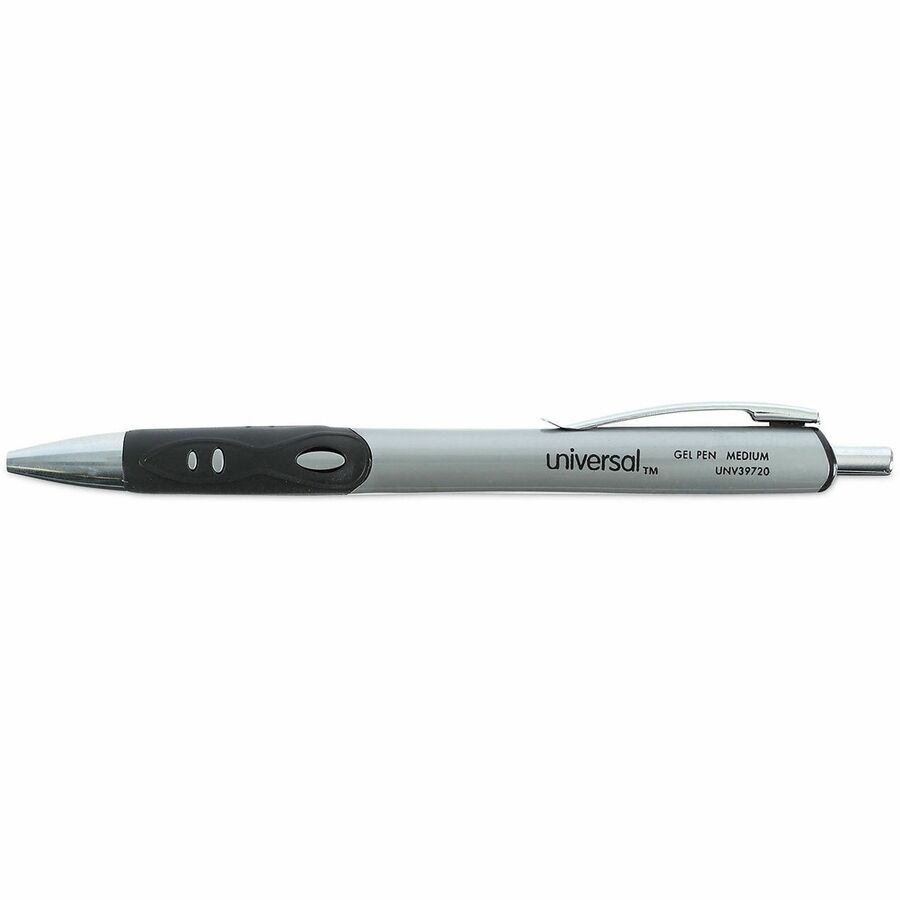 Universal Comfort Grip Gel Pen - 0.7 mm Medium Conical Pen Point - Retractable - Black Ink - Water Based - Gray, Black, 