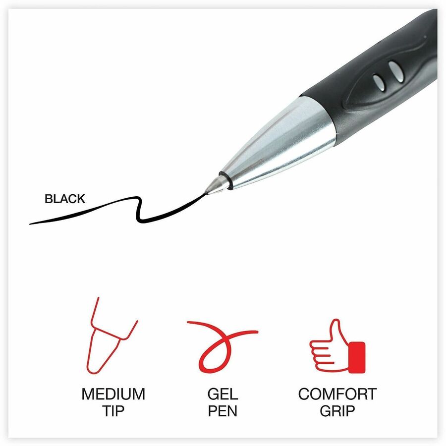 Universal Comfort Grip Gel Pen - 0.7 mm Medium Conical Pen Point - Retractable - Black Ink - Water Based - Gray, Black, 