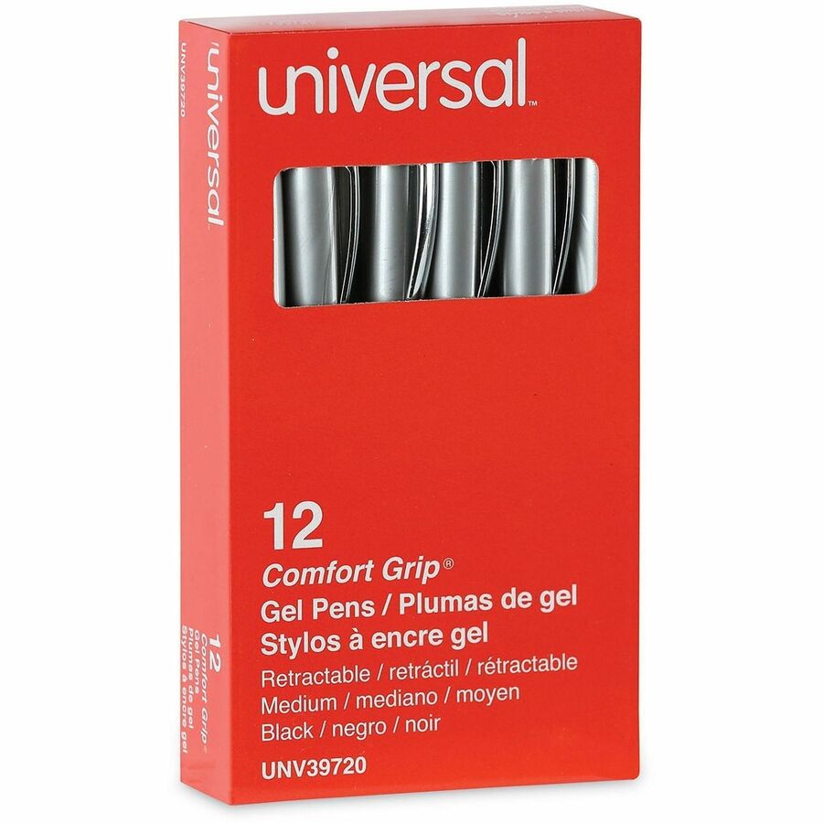 Universal Comfort Grip Gel Pen - 0.7 mm Medium Conical Pen Point - Retractable - Black Ink - Water Based - Gray, Black, 