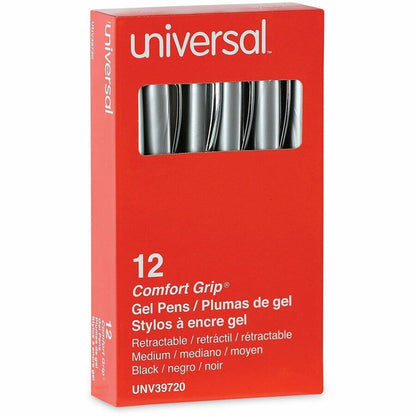 Universal Comfort Grip Gel Pen - 0.7 mm Medium Conical Pen Point - Retractable - Black Ink - Water Based - Gray, Black, 