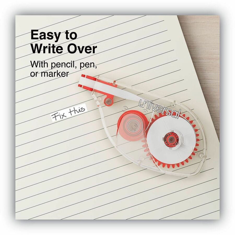 Universal Correction Tape - 0.20" Tape Width x 32.83 ft Tape Length - 1 Line(s) - White Tape - Clear, Red Dispenser - 10
