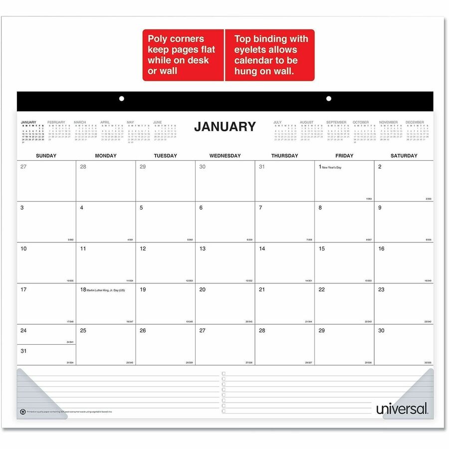 Universal Desk Pad Calendar - Large - Monthly - 12 Month - January 2026 to December 2026 - 1 Month Single Page Layout - 