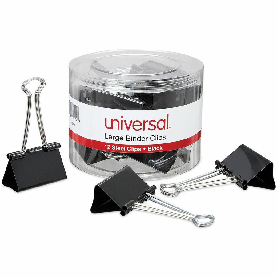 Universal Binder Clips with Storage Tub, Large, Black/Silver, 12/Pack - Large - 2" Width - 1" Size Capacity - Black, Sil