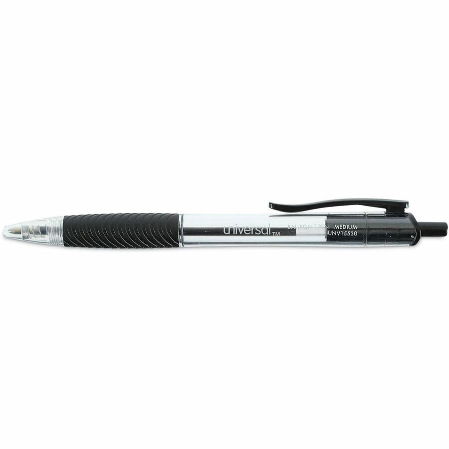 Universal Comfort Grip Ballpoint Pen - 1 mm Medium Conical Pen Point - Retractable - Black Ink - Clear, Black Barrel - 1