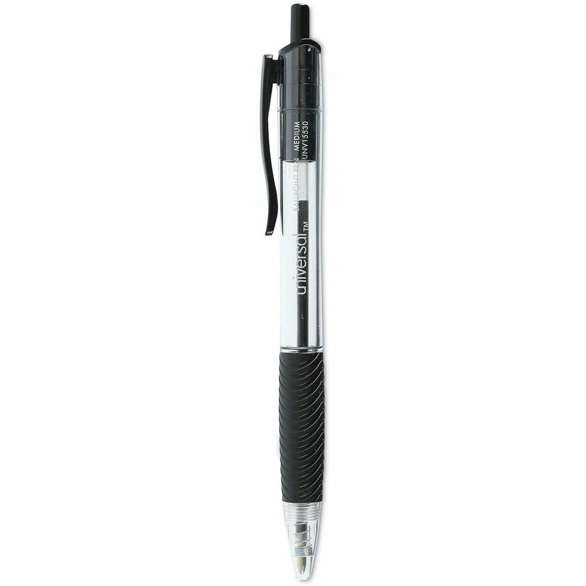 Universal Comfort Grip Ballpoint Pen - 1 mm Medium Conical Pen Point - Retractable - Black Ink - Clear, Black Barrel - 1