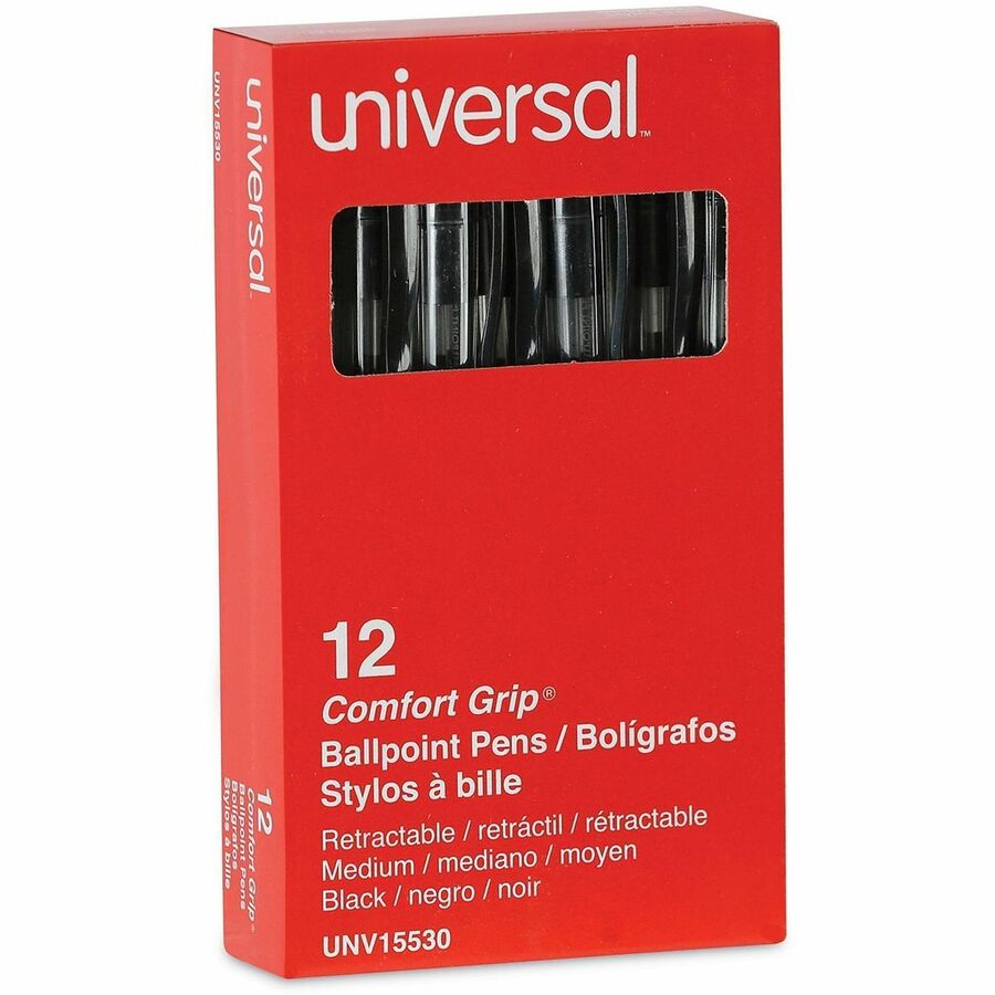 Universal Comfort Grip Ballpoint Pen - 1 mm Medium Conical Pen Point - Retractable - Black Ink - Clear, Black Barrel - 1