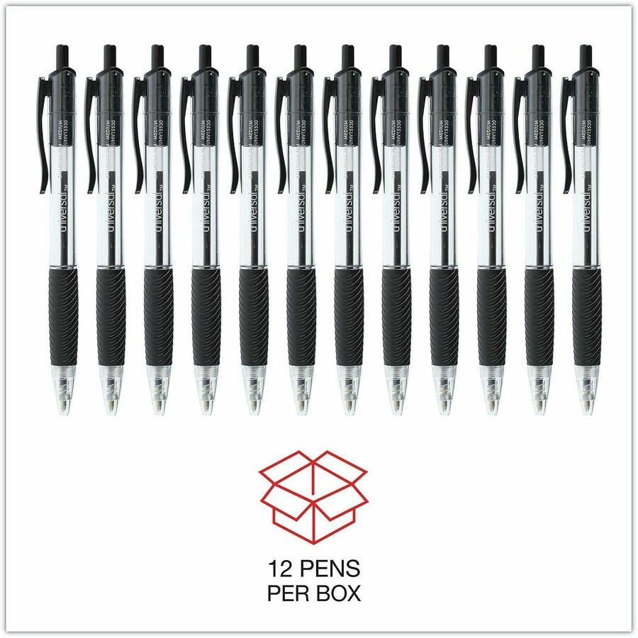 Universal Comfort Grip Ballpoint Pen - 1 mm Medium Conical Pen Point - Retractable - Black Ink - Clear, Black Barrel - 1