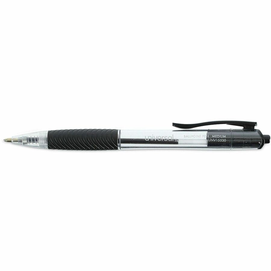 Universal Comfort Grip Ballpoint Pen - 1 mm Medium Conical Pen Point - Retractable - Black Ink - Clear, Black Barrel - 1