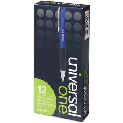 Universal Comfort Grip Ballpoint Pen - 1 mm Medium Conical Pen Point - Retractable - Blue Ink - Blue, Black Barrel - 12 