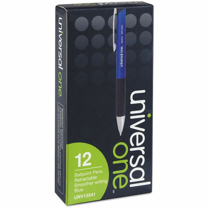 Universal Comfort Grip Ballpoint Pen - 1 mm Medium Conical Pen Point - Retractable - Blue Ink - Blue, Black Barrel - 12 
