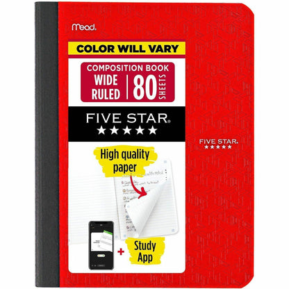 Five Star Wide Ruled Composition Book - 80 Sheets - Sewn - Wide Ruled Margin - 7 1/2" x 9 3/4" Sheet Size - Assorted Pla