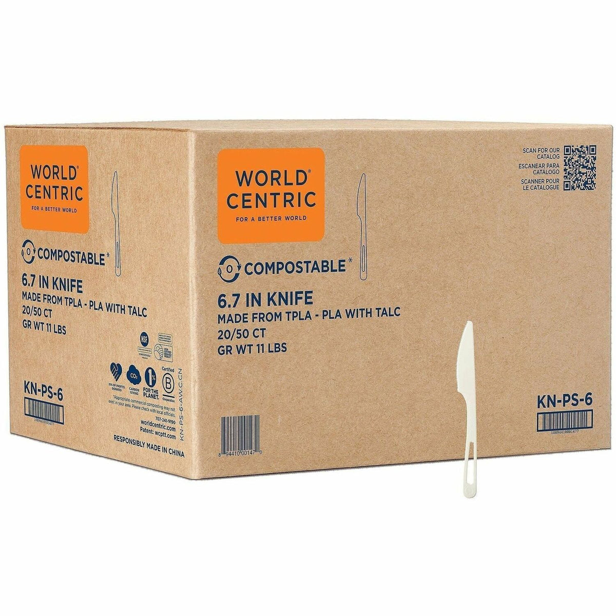 World Centric Compostable White Cutlery - Knife - Knife - Dishwasher Safe - Talc-filled Polylactic Acid (TPLA) - White -