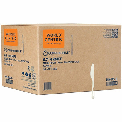 World Centric Compostable White Cutlery - Knife - Knife - Dishwasher Safe - Talc-filled Polylactic Acid (TPLA) - White -