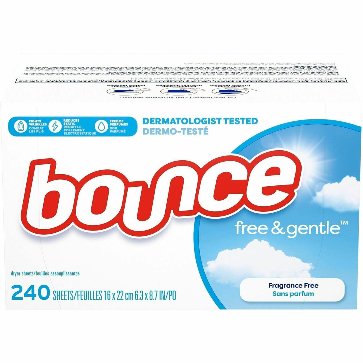 Bounce Free & Gentle Dryer Sheets - For Clothes, Fabric - Sheet - 9" Length x 6.40" Width - 4 / Carton
