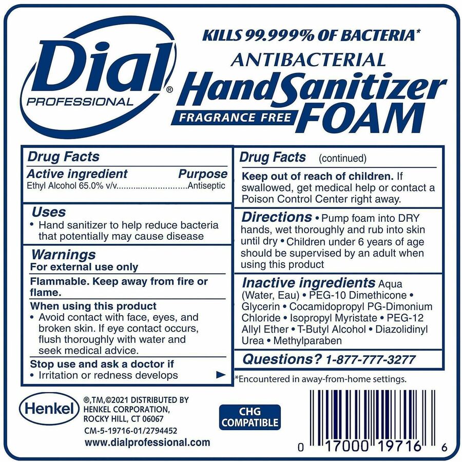 Dial Hand Sanitizer Foam Refill - 1.27 quart - Bacteria Remover - Hand - White - Hypoallergenic, Fragrance-free, Dye-fre