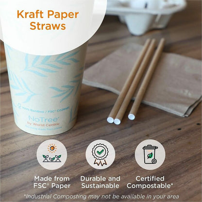 World Centric Compostable Kraft Paper Straws - 8" Length x 0.2" Width x 0.2" Height - Kraft Paper - Natural - 100 Straws