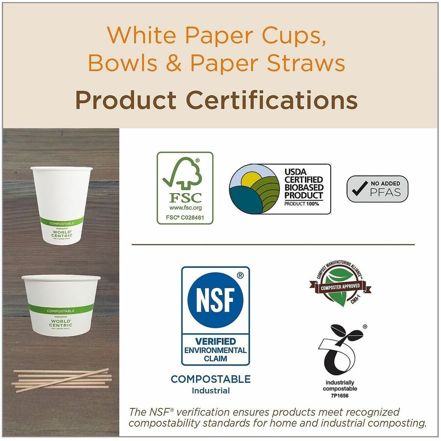 World Centric Compostable Kraft Paper Straws - 8" Length x 0.2" Width x 0.2" Height - Kraft Paper - Natural - 100 Straws