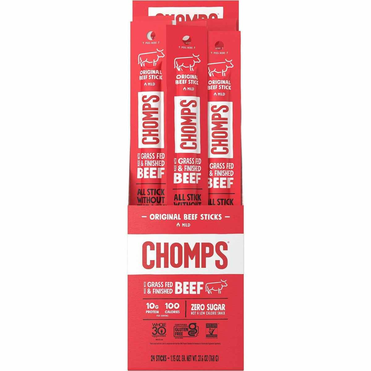 CHOMPS Original Beef Snack Sticks - Gluten-free - Original Beef Jerky - 1.15 oz - 24 / Pack