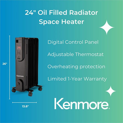 Kenmore 24" Oil-Filled Radiator Space Heater - Oil Filled - 1500 W - Timer - Office, Room, Kitchen - Black
