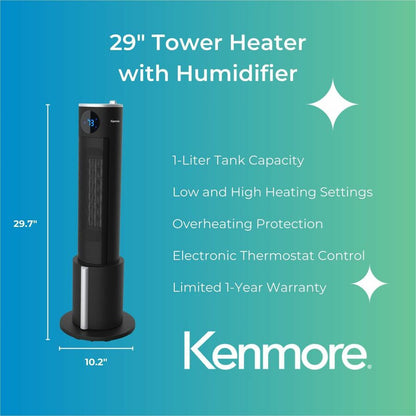 Kenmore 29" Tower Heater with Humidifier - Remote Control - Office, Room, Living Room - Tower - Black