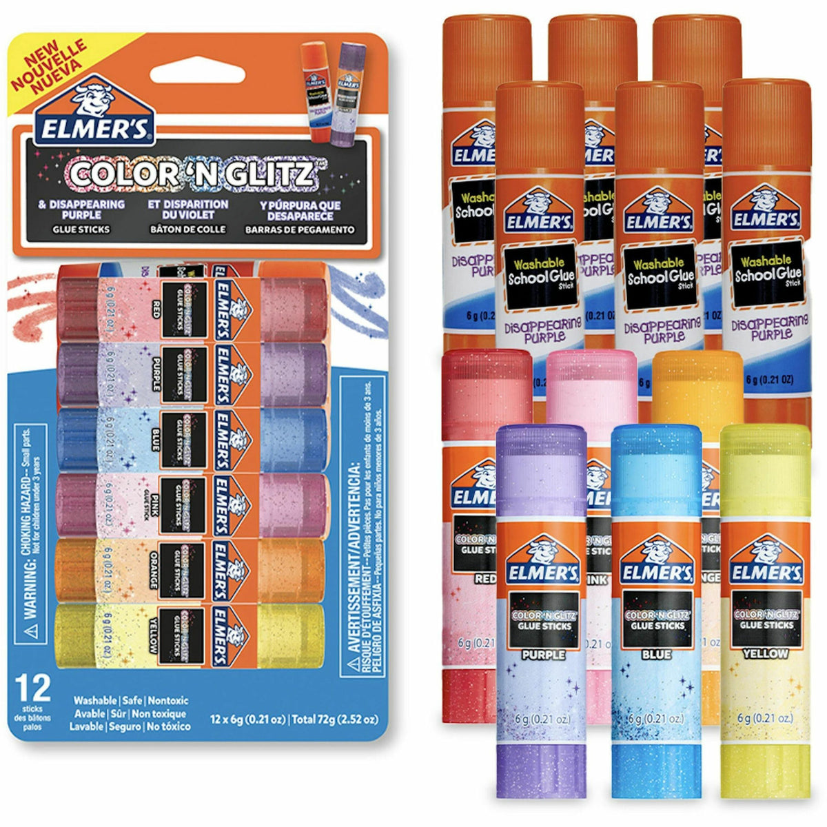 Elmer's Color 'N Glitz Glue Sticks - 0.21 oz - Red, Blue, Pink, Yellow, Orange, Purple - 12 / Pack