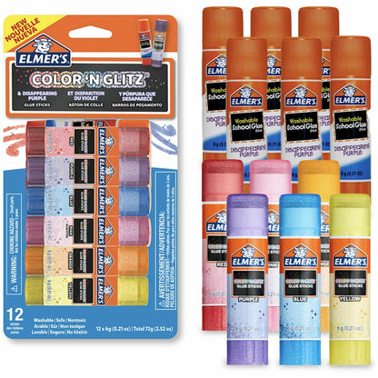 Elmer's Color 'N Glitz Glue Sticks - 0.21 oz - Red, Blue, Pink, Yellow, Orange, Purple - 12 / Pack