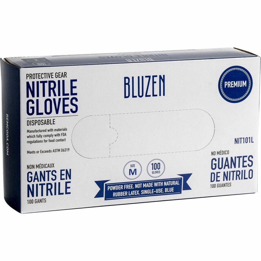 BLUZEN Disposable Nitrile Gloves - 3 mil Thickness - Medium Size - Nitrile - Blue - Durable, Comfortable - 100/Box - 10 