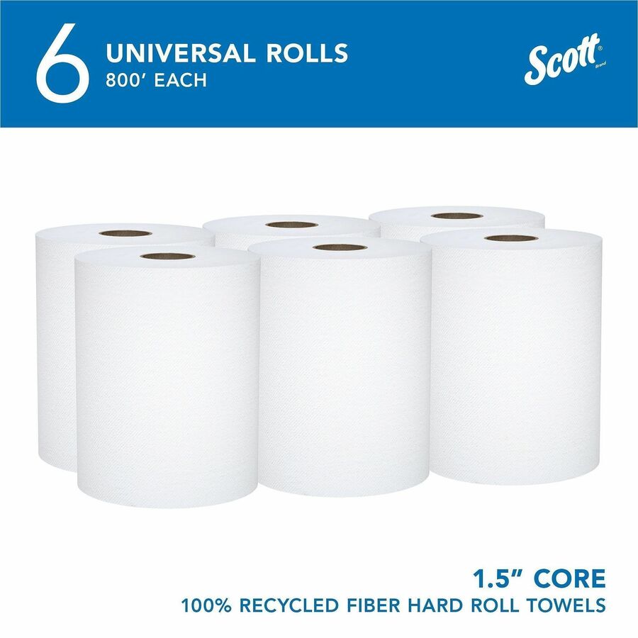 Scott® Universal 100% Recycled Fiber Hard Roll Paper Towels - 1 1/2" Core - White - Fiber - 6 / Carton