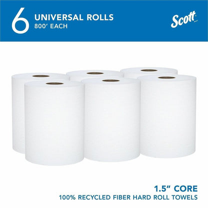 Scott® Universal 100% Recycled Fiber Hard Roll Paper Towels - 1 1/2" Core - White - Fiber - 6 / Carton