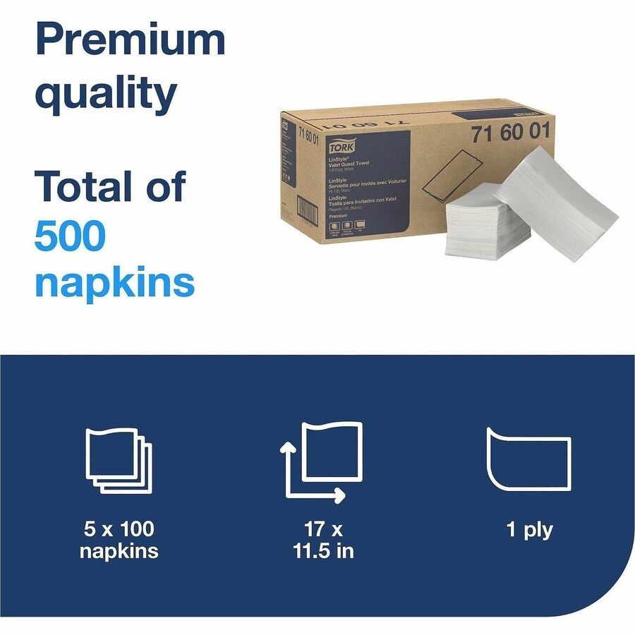 TORK LinStyle Valet Guest Towel White, 1/6 Fold, 5 x 100 Towels - 1 Ply - Extra Large - 11.50" Width x 17" Length - Whit