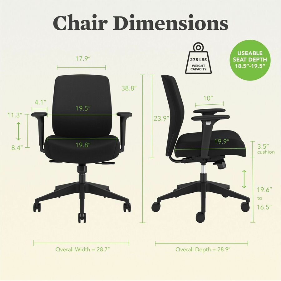 HON Altern Task Chair - Fabric, Foam Seat Material - Fabric Back Material - Black Frame Color - Mid Back - Black - Armre