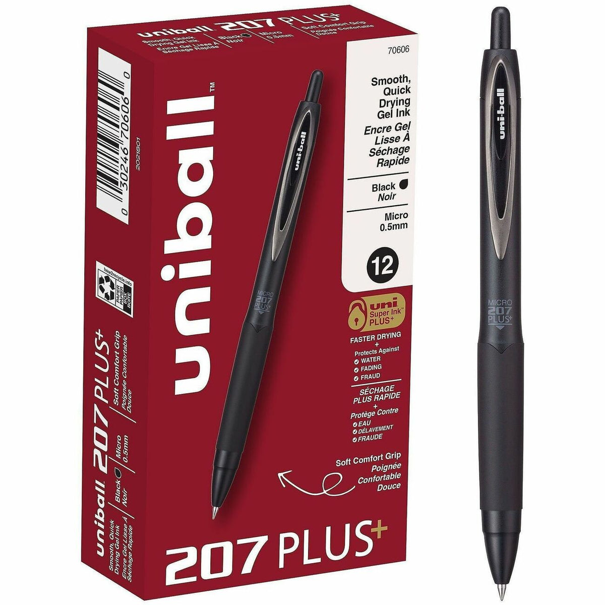 uniball™ 207 Plus Retractable Gel Pens - 0.5 mm Pen Point - Retractable - Black Ink - Gel-based, Nanofiber Ink - Black, 