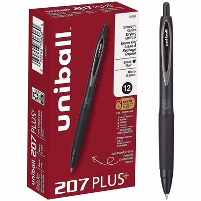 uniball™ 207 Plus Retractable Gel Pens - 0.5 mm Pen Point - Retractable - Black Ink - Gel-based, Nanofiber Ink - Black, 