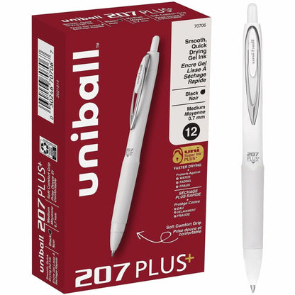 uniball™ 207 Plus Retractable Gel Pens - 0.7 mm Medium Pen Point - Retractable - Black Ink - Nanofiber Ink, Gel-based - 