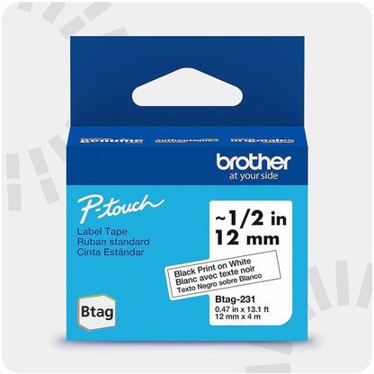 P-touch BTAG-231 Black on White Label Tape - x 15/32" Width x 13 1/8 ft Length - Removable Adhesive - Black on White - P